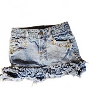 Unisex Kids Denim Skirt with Floral Embroidery and Ruffle Hem